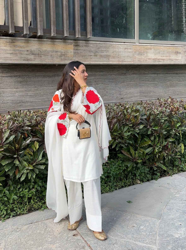 Gulabo – Off White Kurta Set with Rose Sleeves & Organza Dupatta