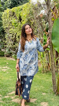 भू weave Indigo Cotton Polka Kurta Pant Set