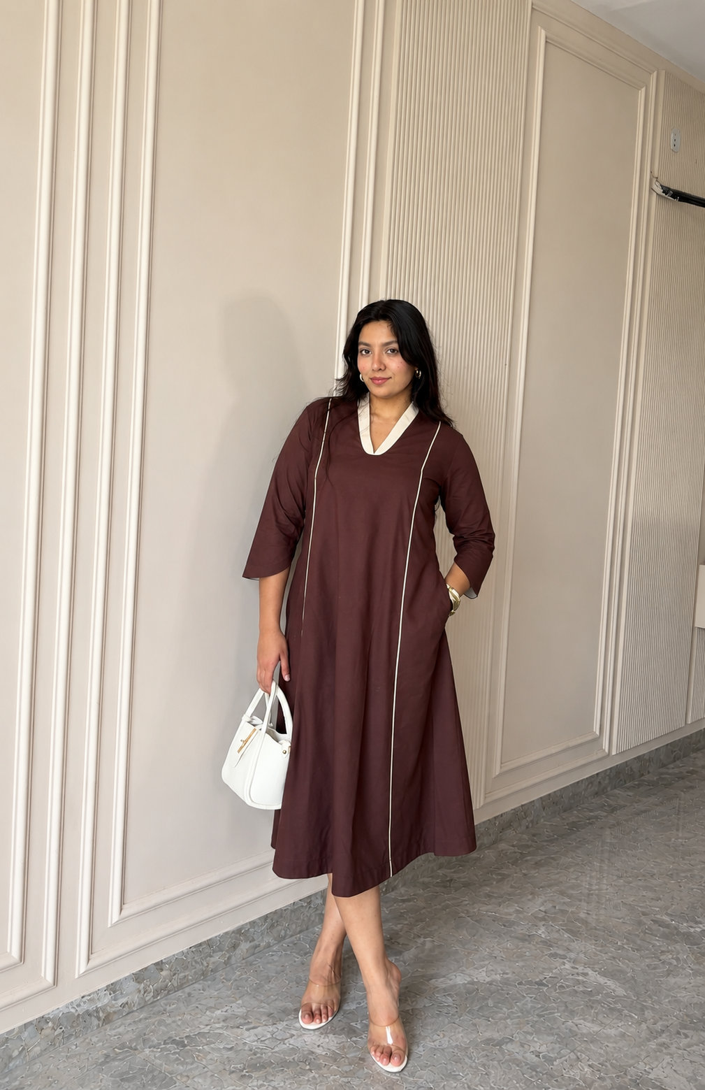 भू weave Espresso A-Line Dress