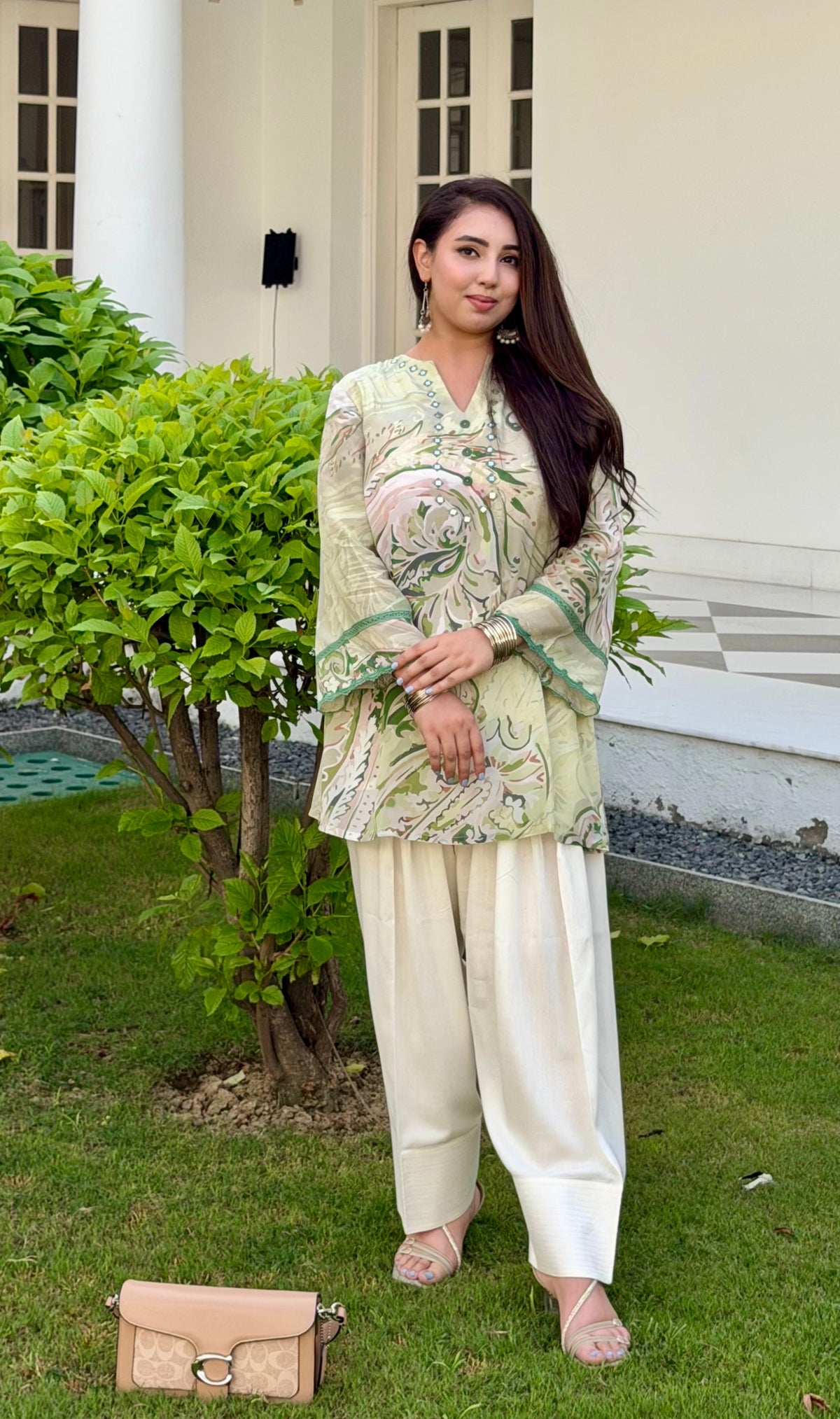 Zameen — भू weave Pistachio Green Paisley Print Mirror-Work Farshi Set for Women