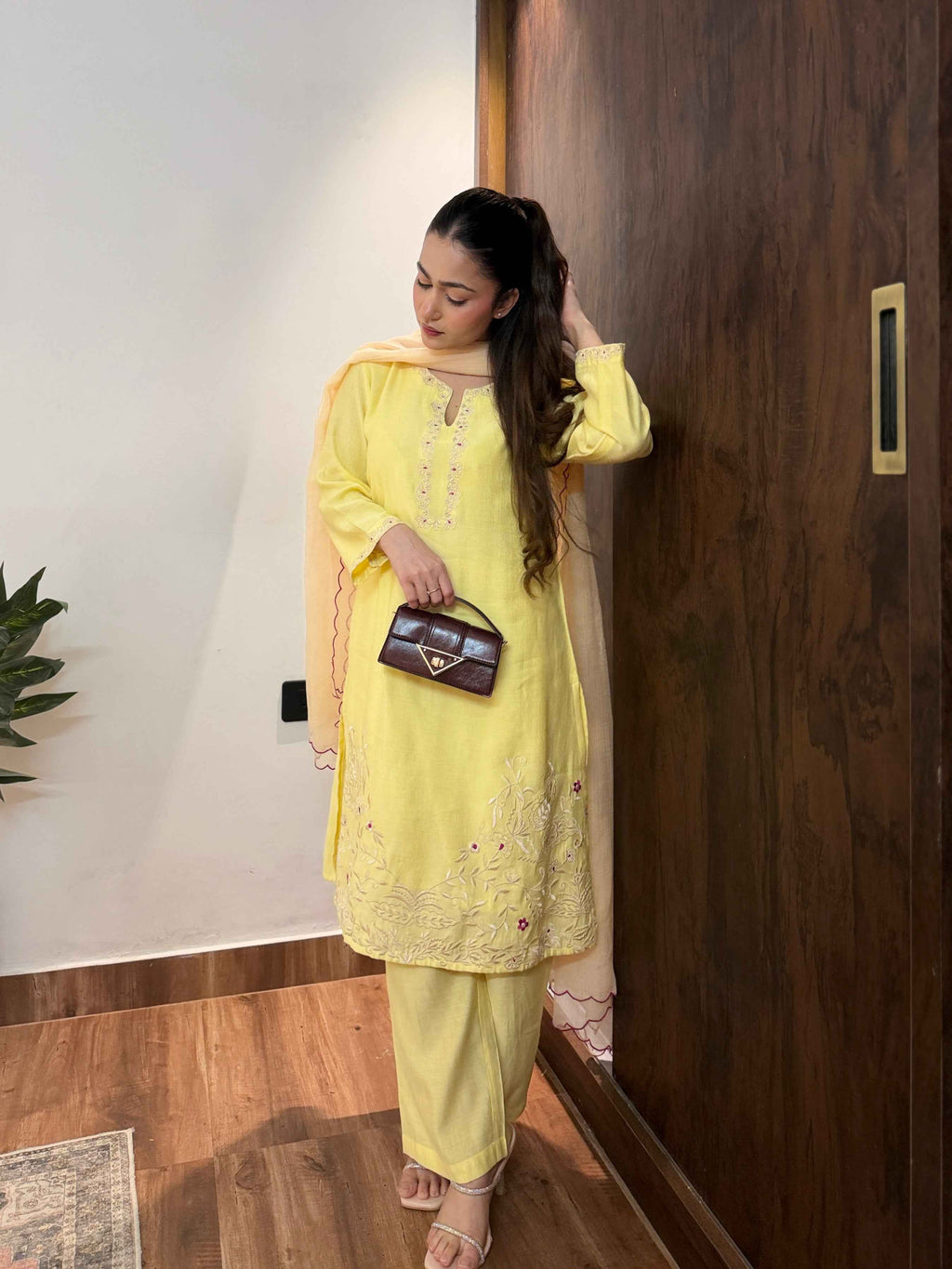 भू weave Sunshine Yellow Embroidered Kurta Pant Set with Dupatta for Women