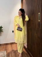 भू weave Sunshine Yellow Embroidered Kurta Pant Set with Dupatta for Women