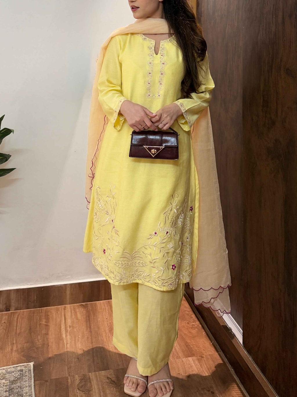 भू weave Sunshine Yellow Embroidered Kurta Pant Set with Dupatta for Women