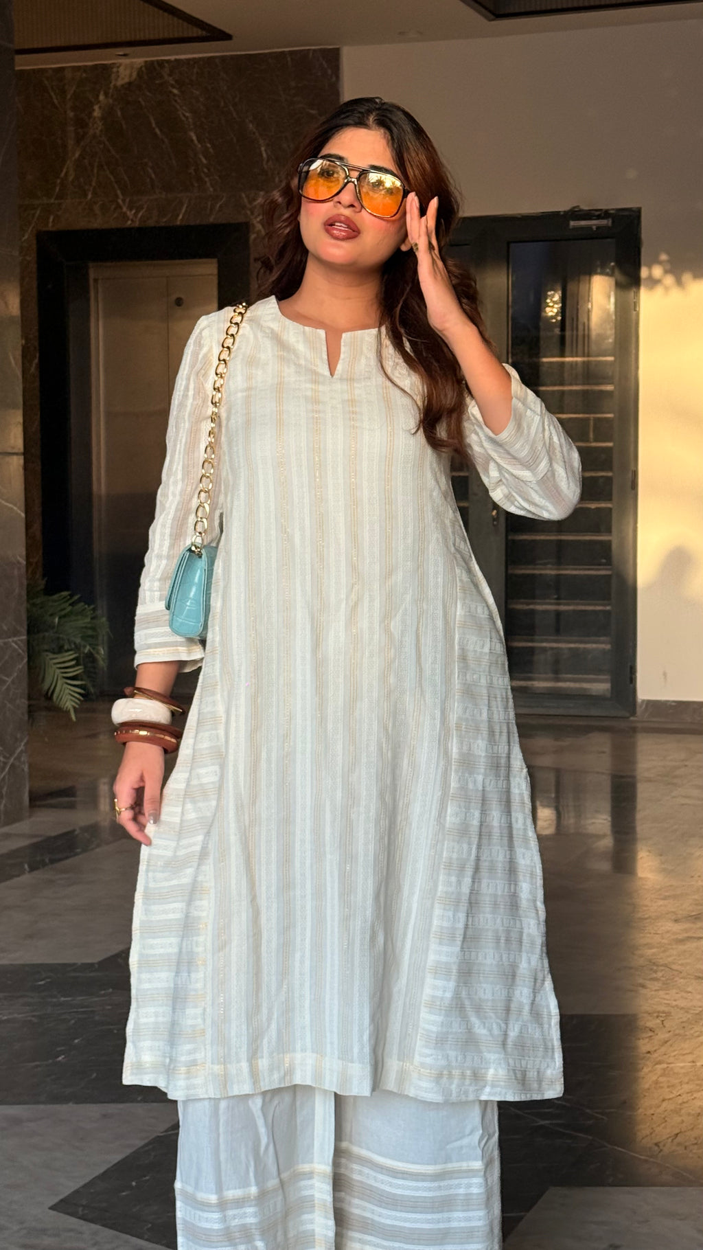 Bhor Tara ivory A-line cotton kurta set, gold stripe detail