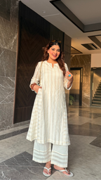 Bhor Tara ivory cotton kurta set with gold zari stripes by भू weave