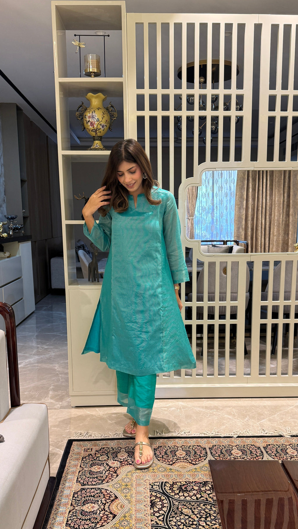 Sagar Tara – Teal Tissue Stripe Kurta Set