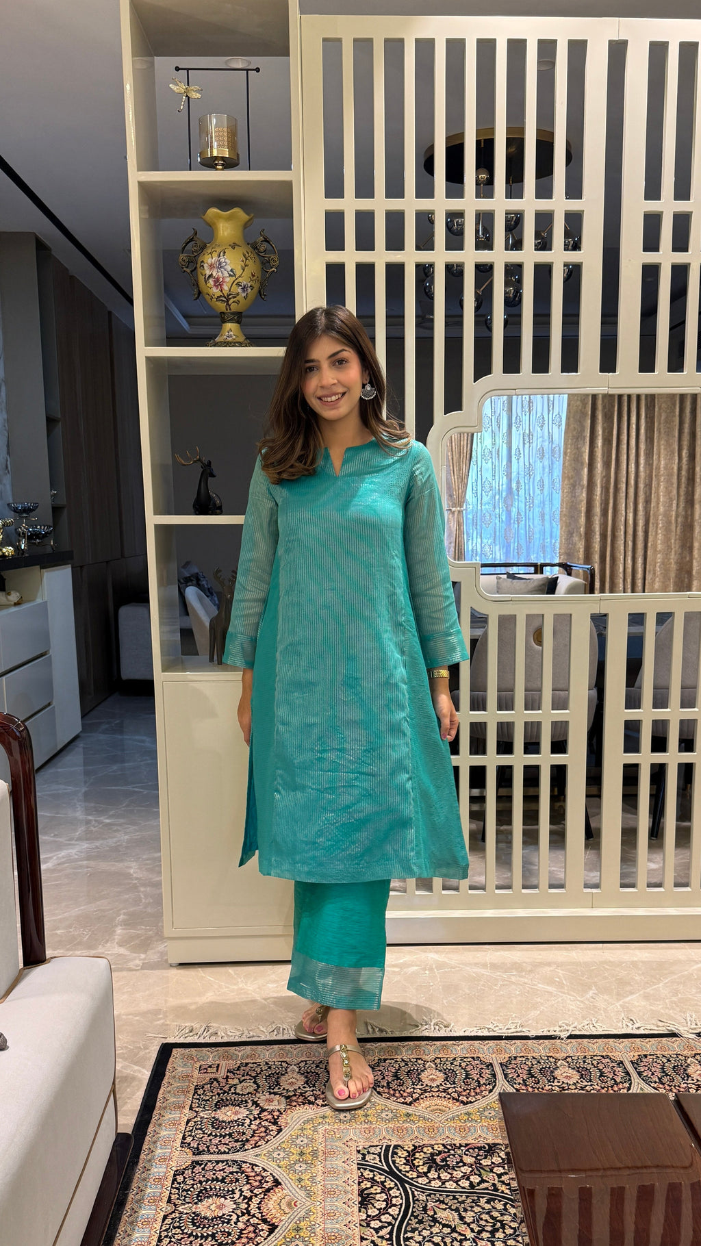 Sagar Tara – Teal Tissue Stripe Kurta Set