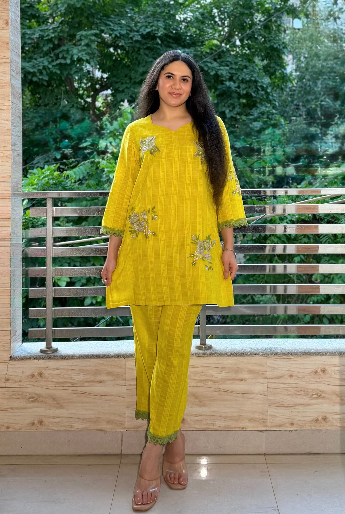 भू weave lime cotton co-ord set with embroidery for women