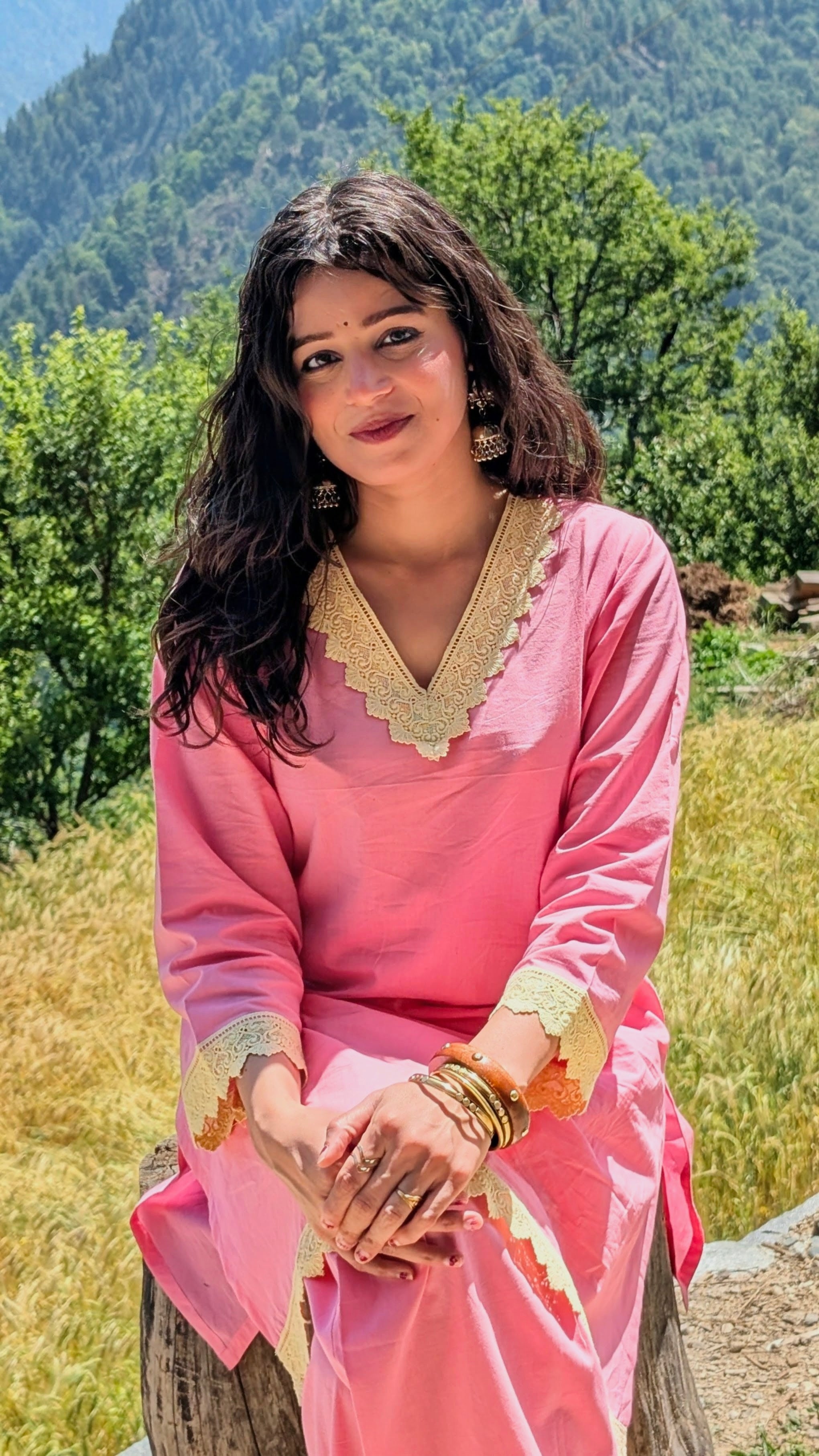भू weave Cotton Pink Lace Co-ord Set