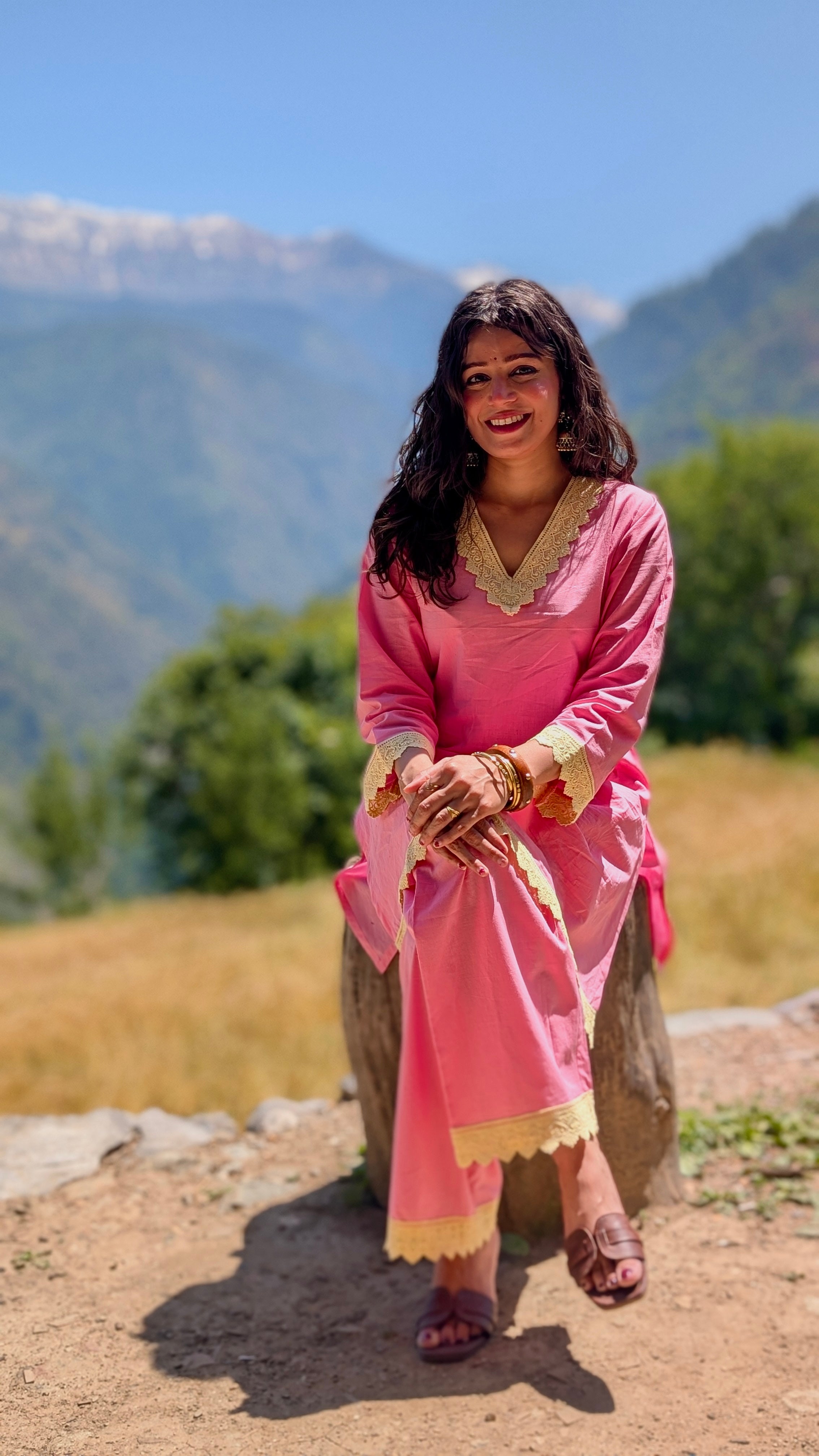 भू weave Cotton Pink Lace Co-ord Set