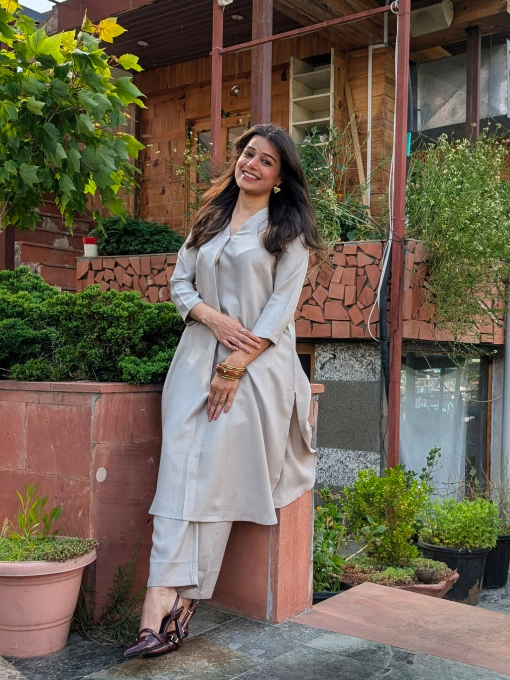 Woman wearing भू weave viscose co-ord set , outdoor shoot