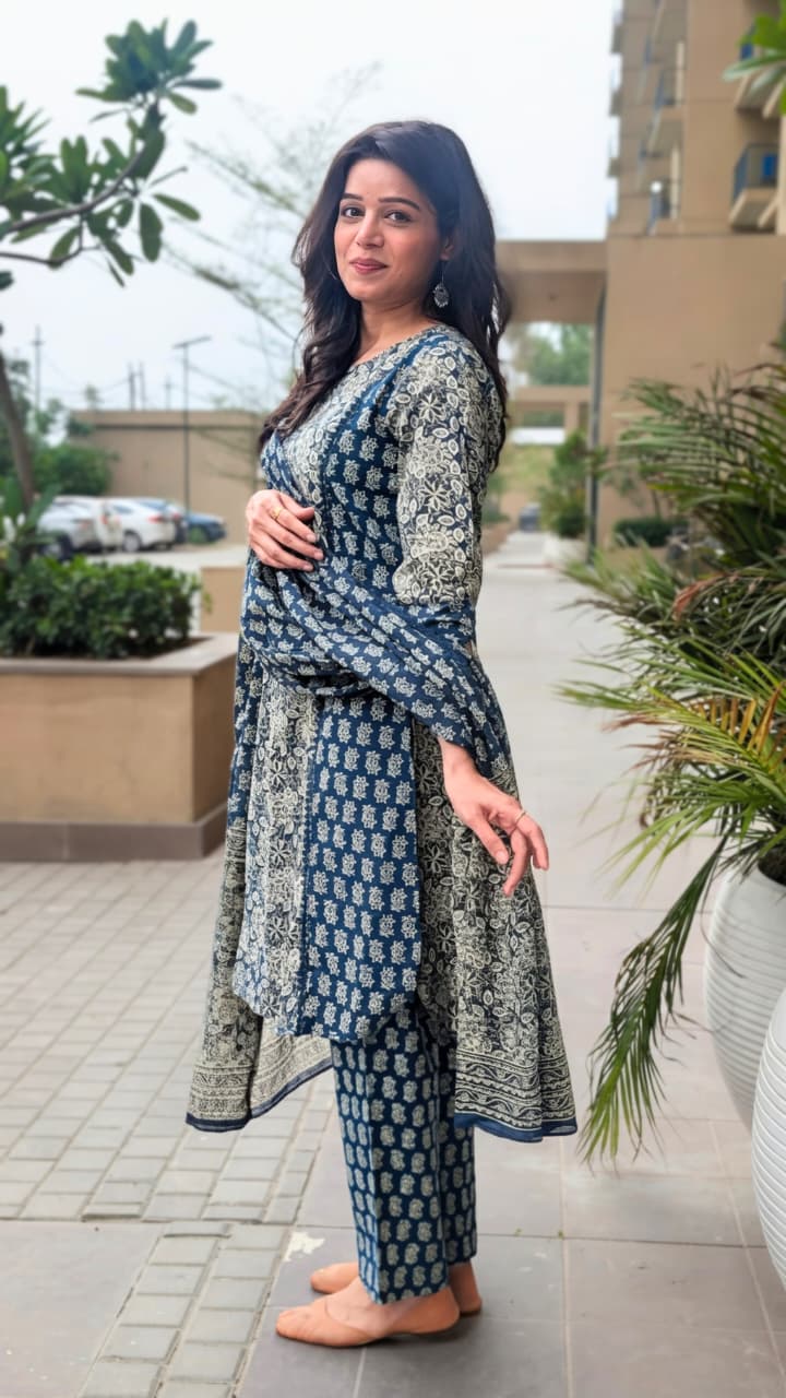 भू weave Cotton Handblock 3pc Kurta Set