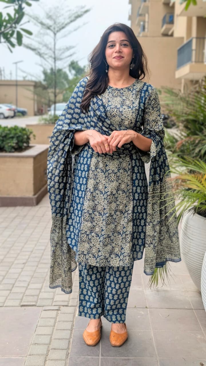 भू weave Cotton Handblock 3pc Kurta Set