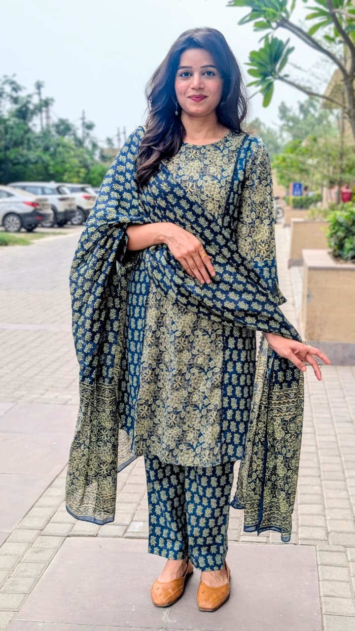 भू weave Cotton Handblock 3pc Kurta Set