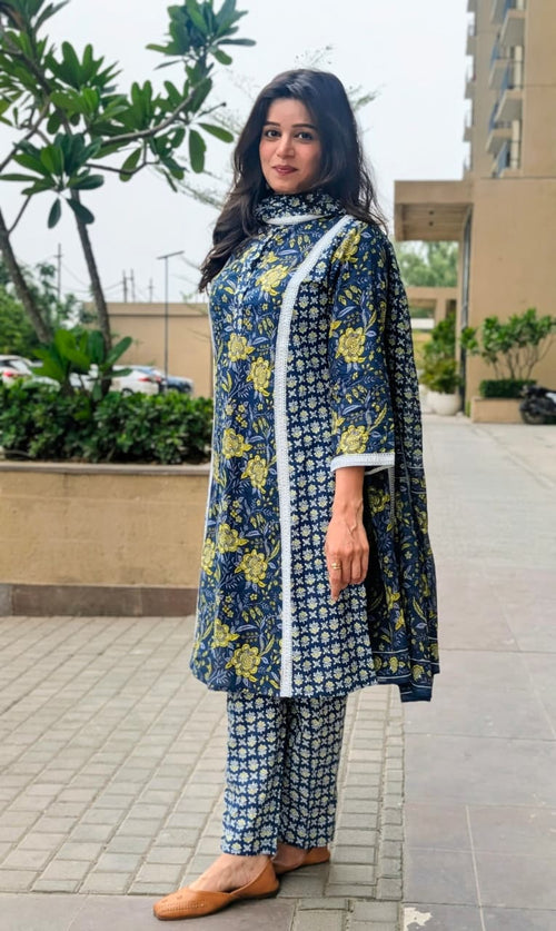 भू weave Cotton Handblock 3pc Kurta Set
