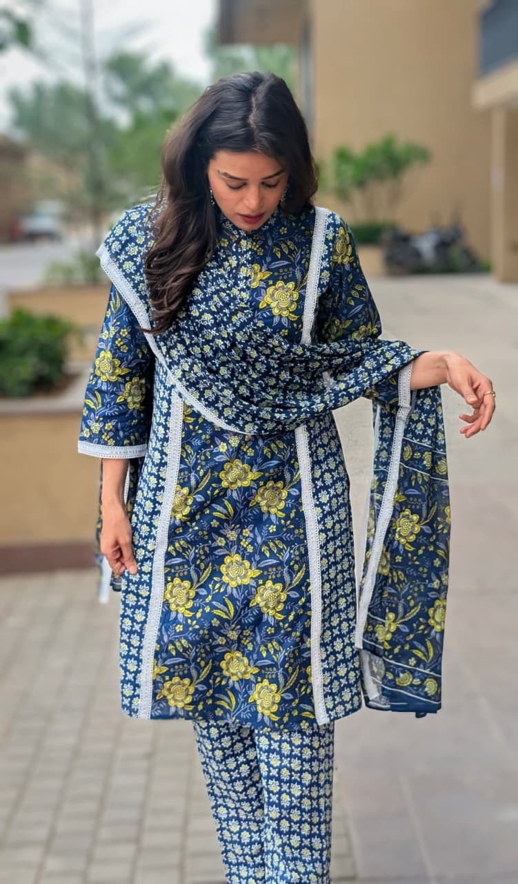 भू weave Cotton Handblock 3pc Kurta Set