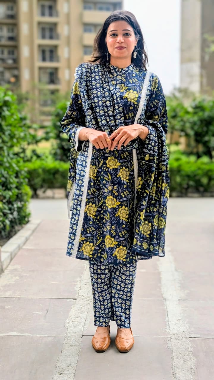 भू weave Cotton Handblock 3pc Kurta Set