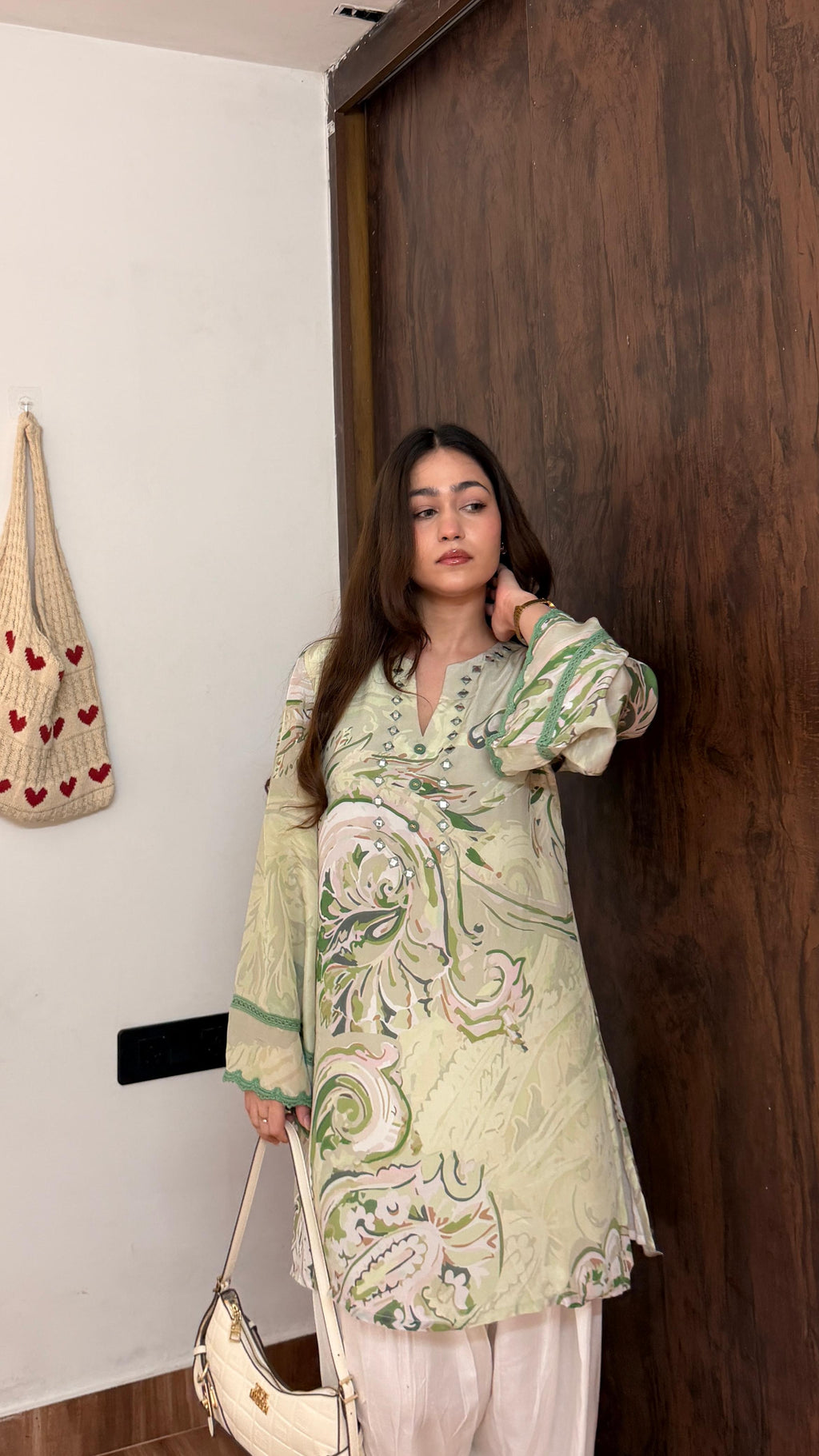भू weave Pistachio Green Paisley Print Mirror-Work Farshi Set