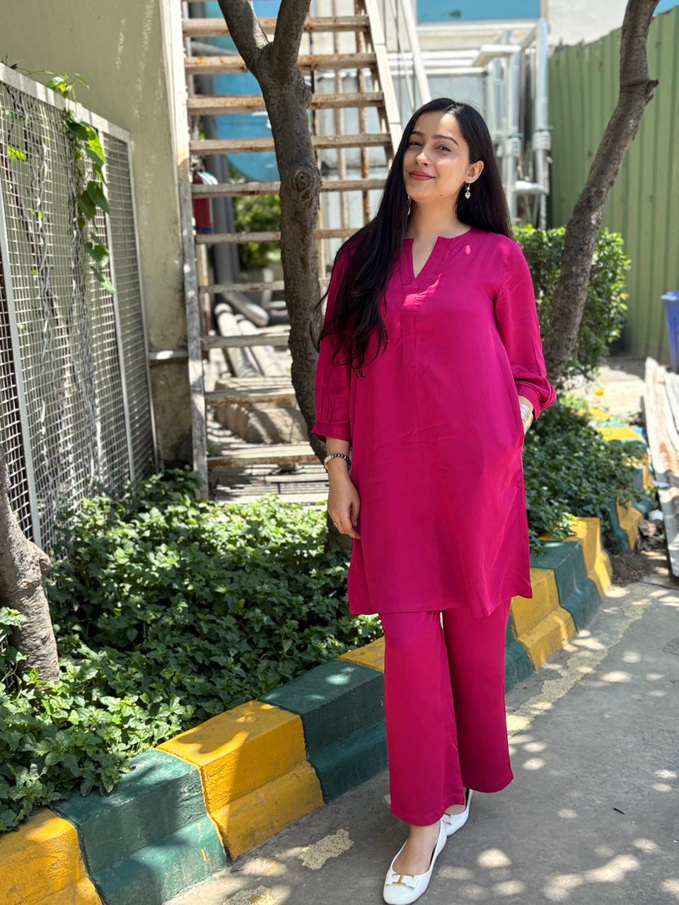 Woman wearing भू weave viscose co-ord set , outdoor shoot