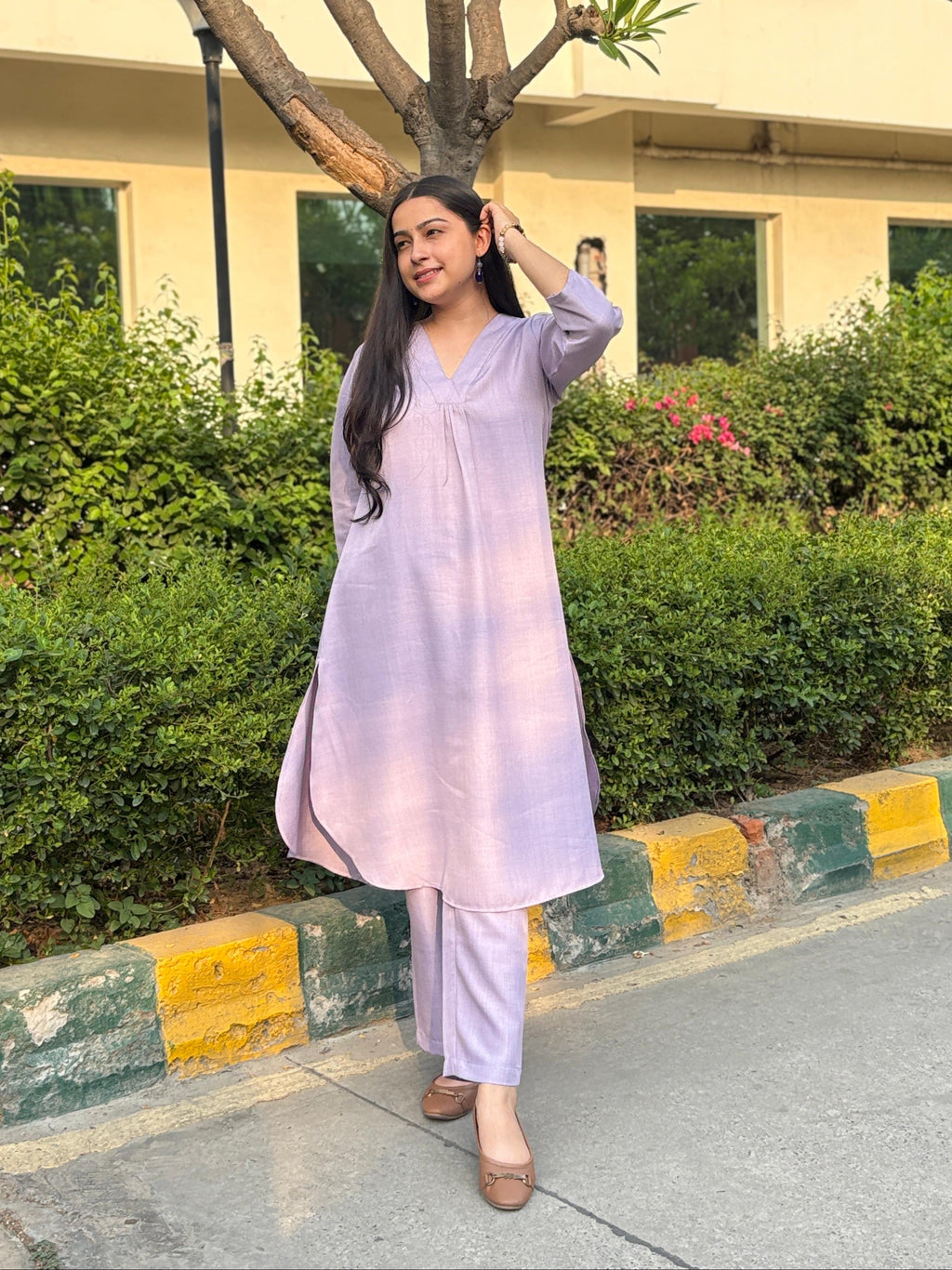 Woman wearing भू weave viscose co-ord set , outdoor shoot