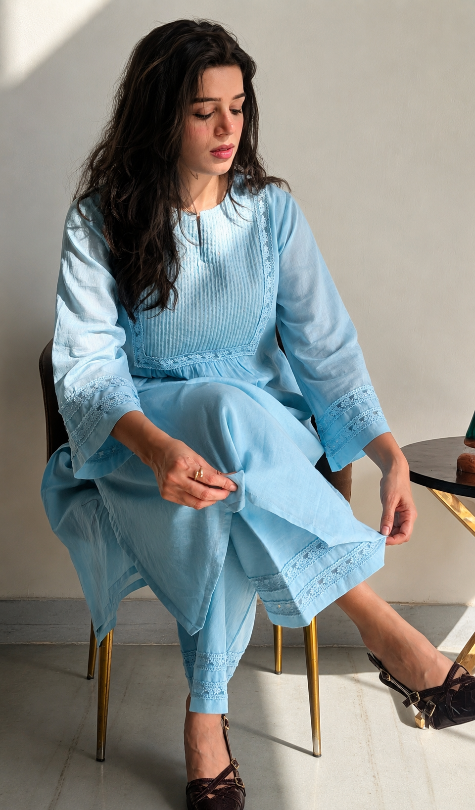 भू weave Cotton Blue Kurta Pant Set