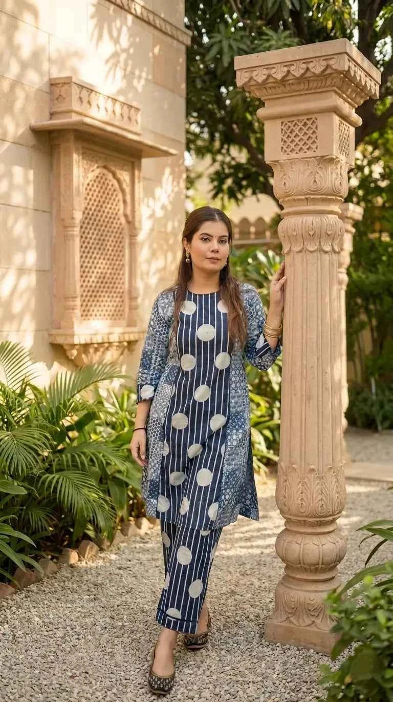 भू weave Indigo Cotton Geometricdot Kurta Pant Set