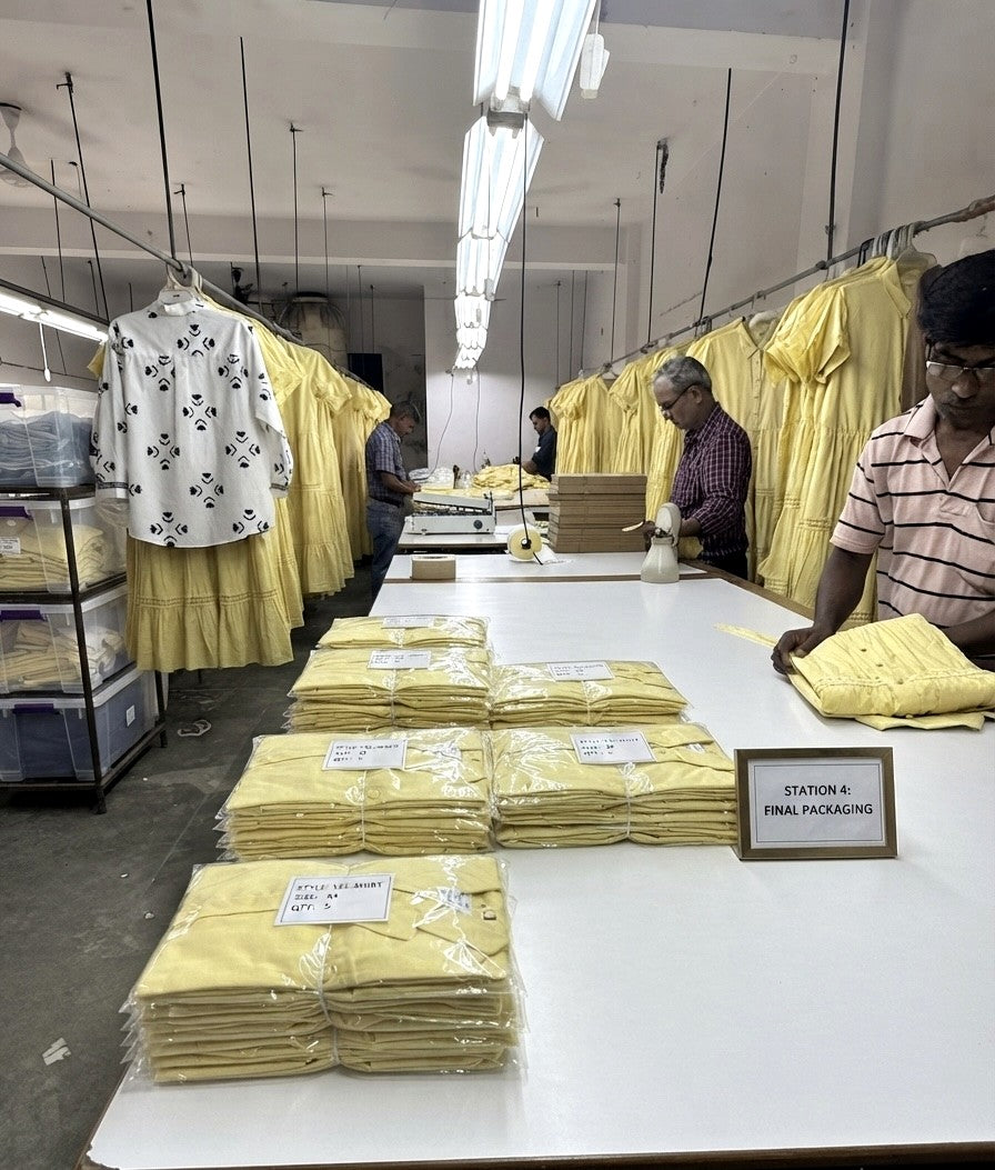 Inside the भू weave factory in New Delhi, garments being packed