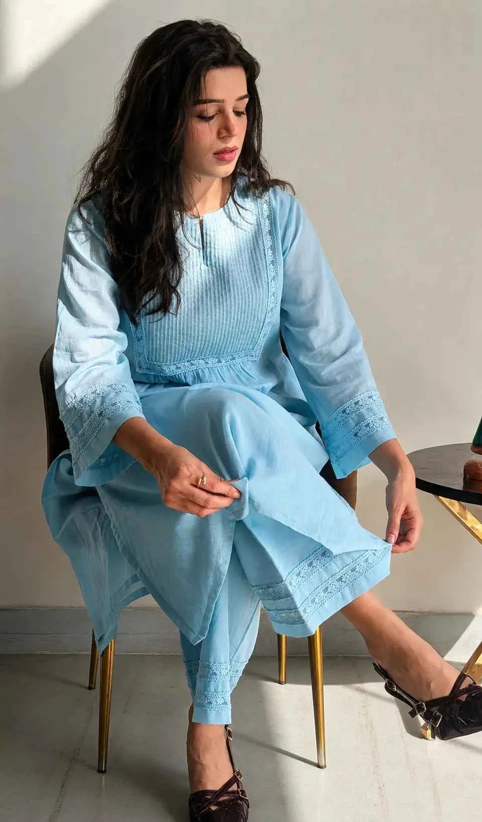 भू weave Cotton Blue Kurta Pant Set