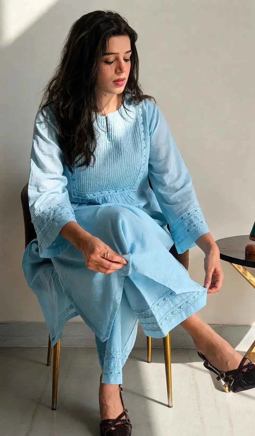 भू weave Cotton Blue Kurta Pant Set
